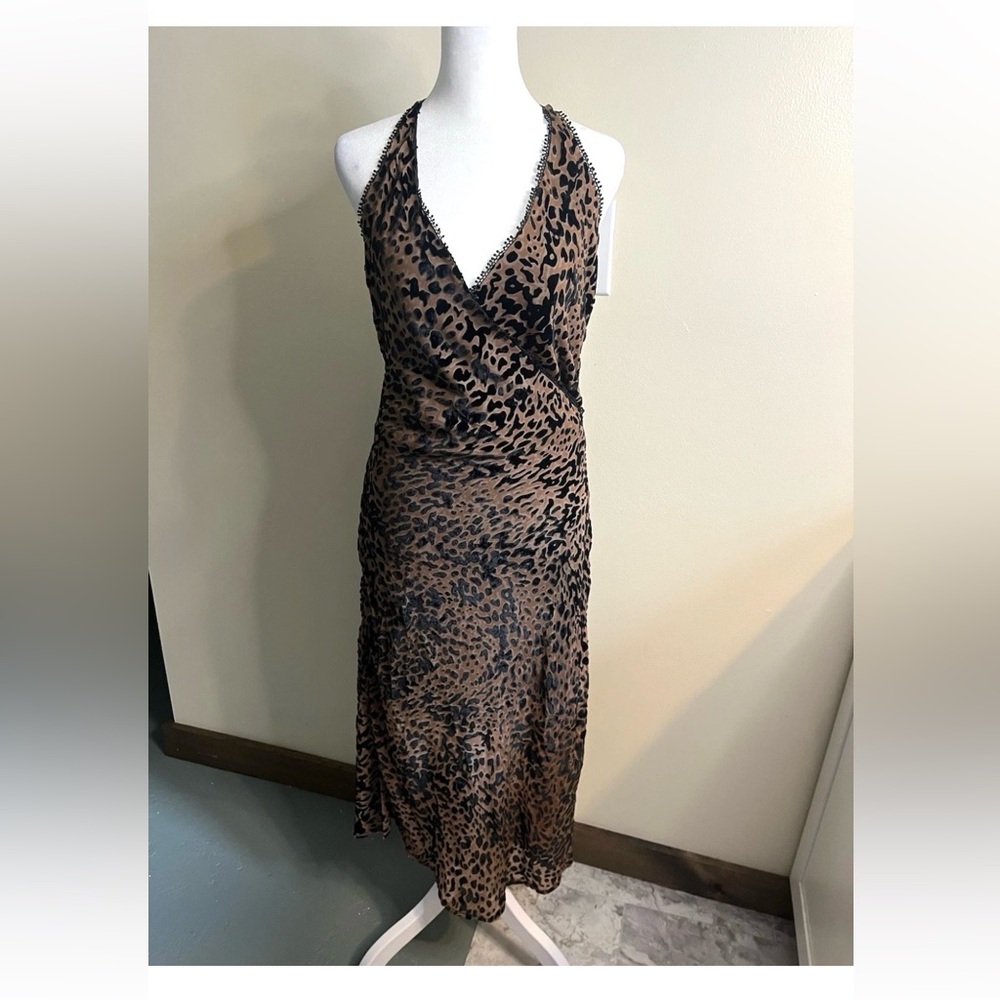 Foxiedox Anthropologie Leopard Print Plunge Midi Backless Dress